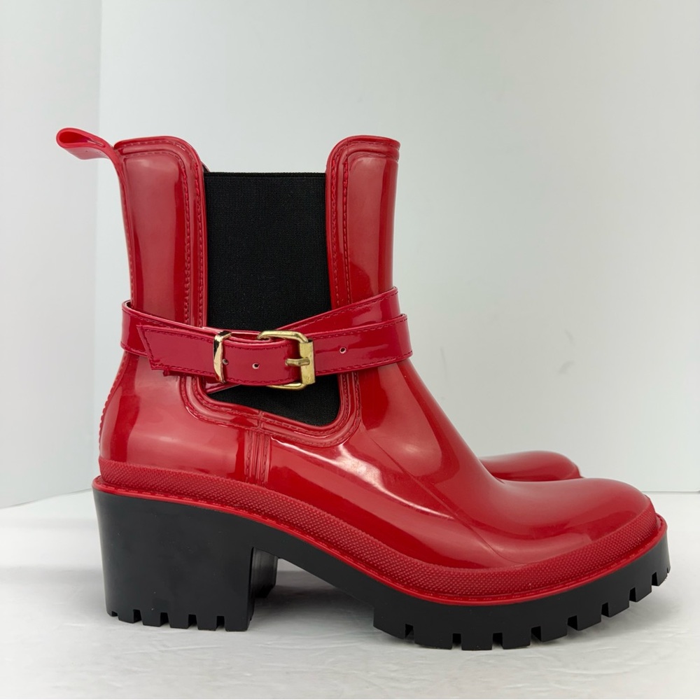 Glossy Red Women's Rain Boots with Buckle